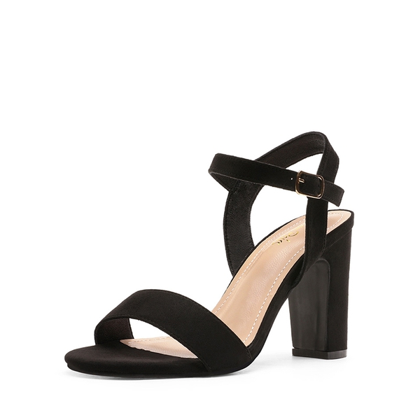 Open Toe Ankle Strap Chunky Heel Sandals - BLACK SUEDE -  0